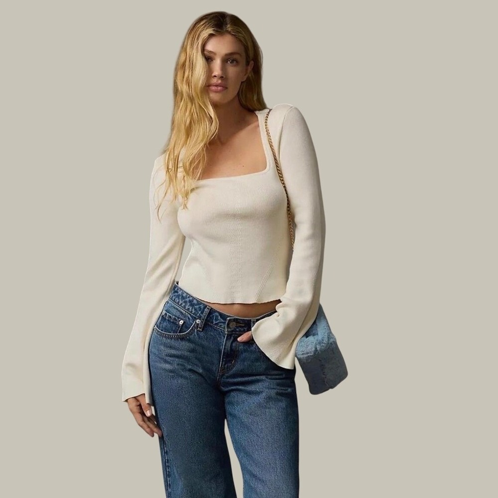 Maeve Anthropologie Ivory Cream Ribbed Square Neck Flare Sleeve Top Large